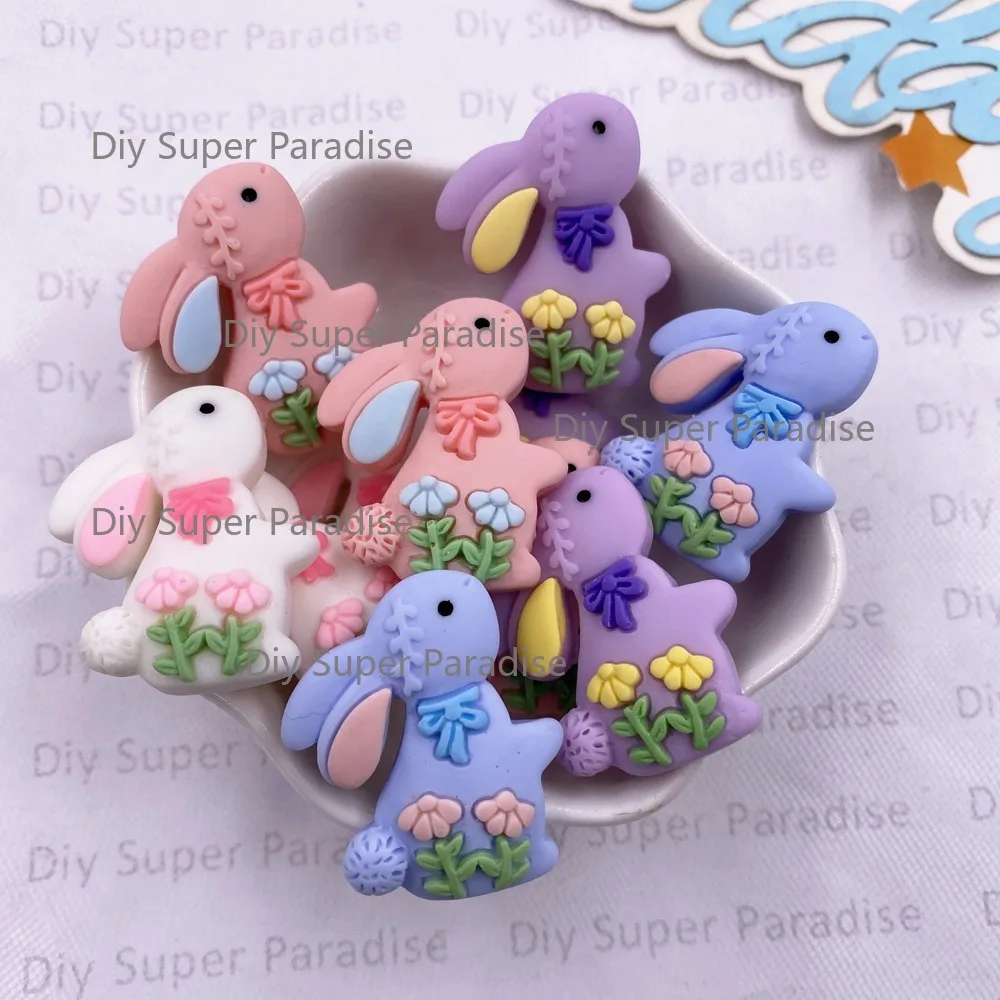 10 Stück niedliche bunte Schleifen-Blumen-Kaninchen-Figuren aus Kunstharz mit flacher Rückseite, Cabochon-Steinfigur, Weihnachtsdekoration, Zubehör für DIY-Scrapbook-Bastelarbeiten