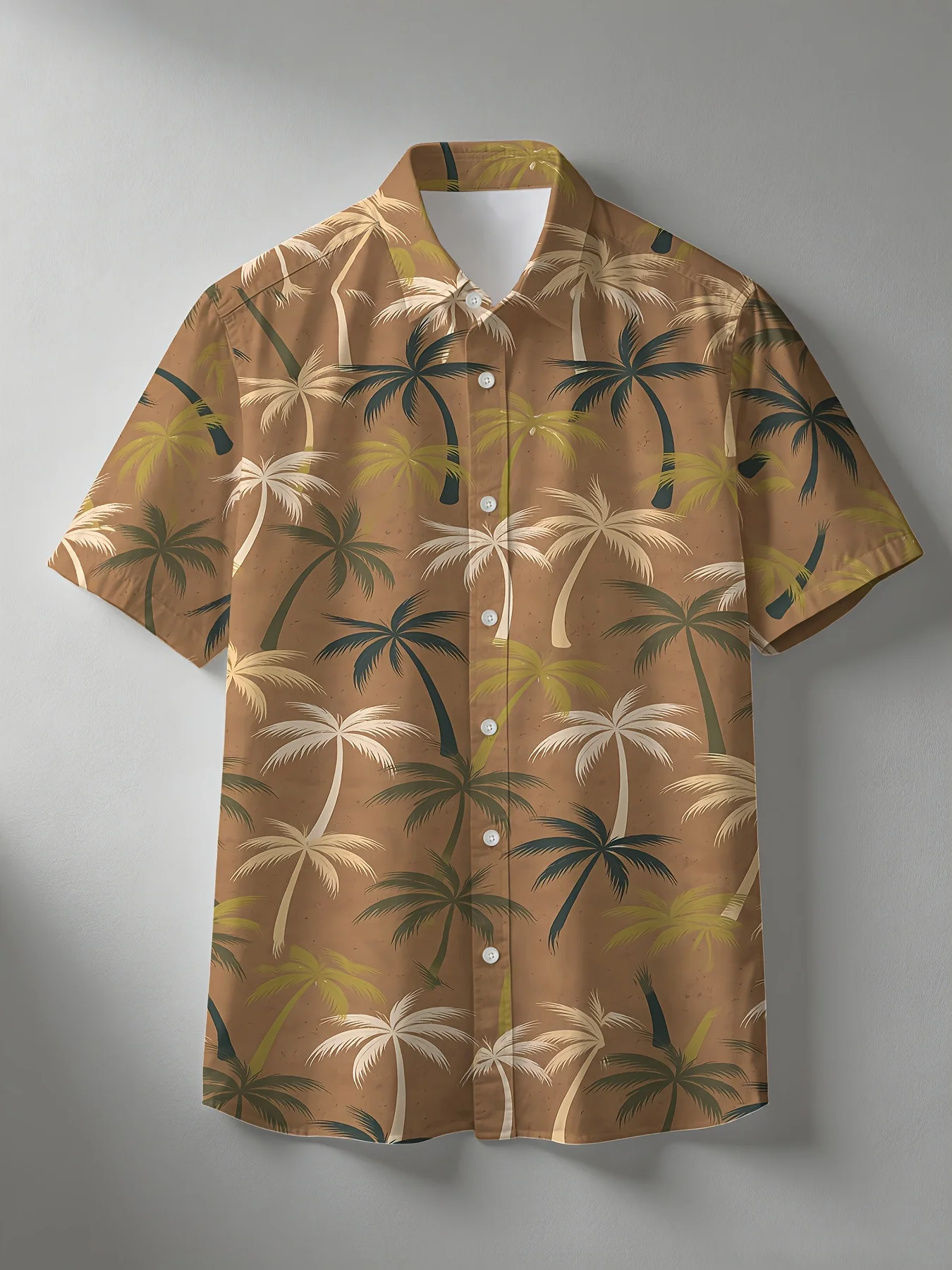 Men Short Sleeve Shirt Retro Brown Base Multi‑Tone Palm Tree Print Turn‑Down Collar Hawaiian Casual Tops