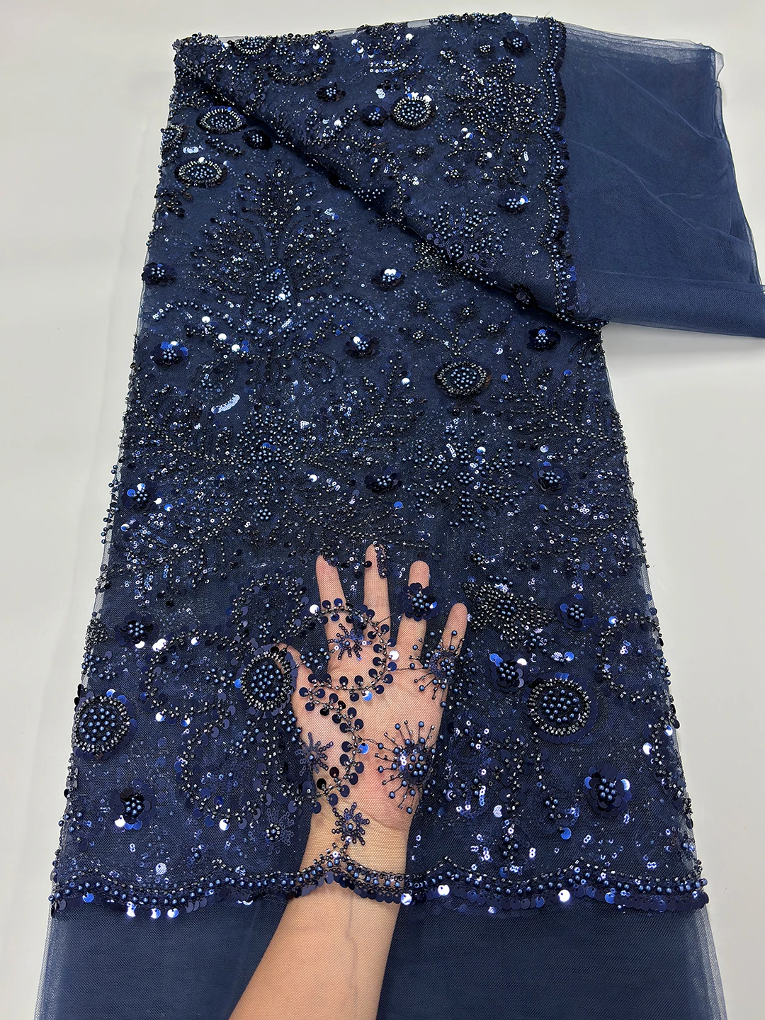 

Navy Blue African Sequins Beaded Lace Fabrics 2025 High Quality Embroidery French Nigerian Lace Fabric For Bride Wedding Party