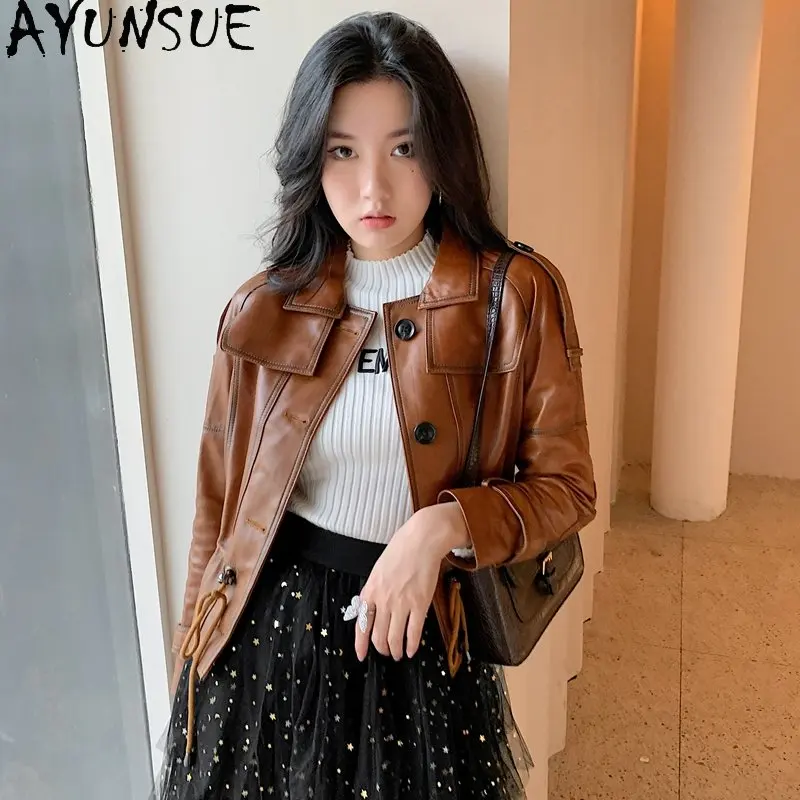 AYUNSUE-Blouson en cuir véritable pour femme, court et slim, en peau de mouton véritable, à la mode, printemps et automne 2023