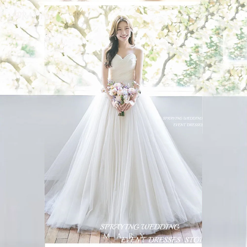 

SPRAYING Fairy A-Line Korea Wedding Dress Photo Shoot Sweetheart Collar Sleeveless Sweep Train Bridal Gown