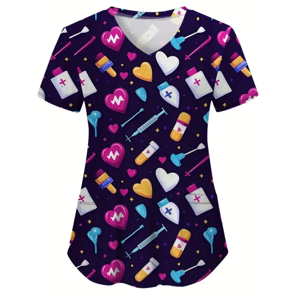Clinical Uniforms Woman Tool Pattern Print Healthcare Dentist Scrub Uniform Fashion V-Neck Pocket Short Sleeve Nursing Uniforms