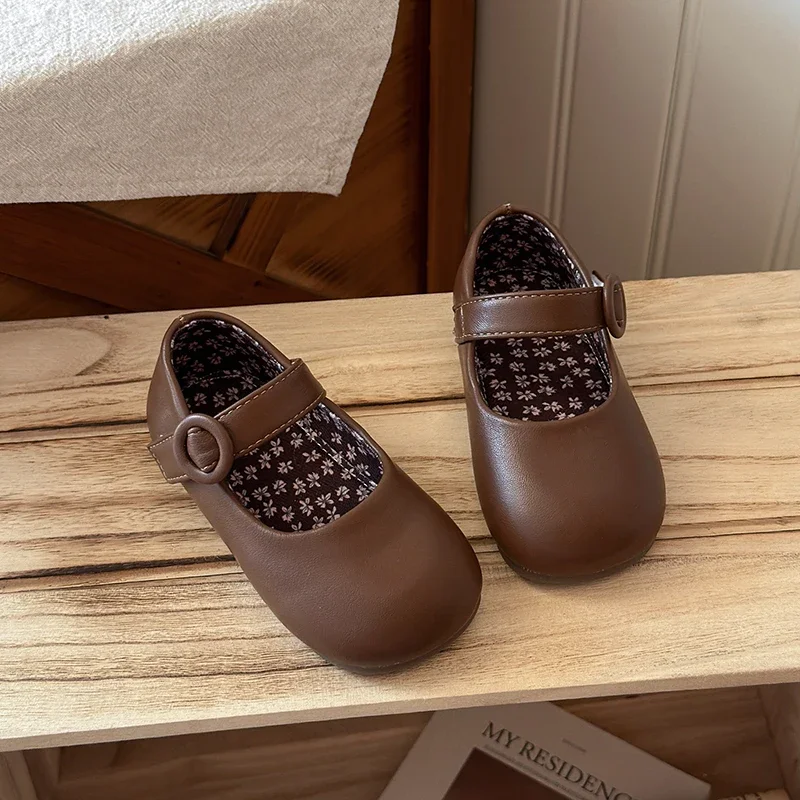 Kids Round Toe Mary Janes Single Buckle Strap Soft Leather Floral Lining Flat Non Slip Sole Daily Princess Casual Dress Shoes