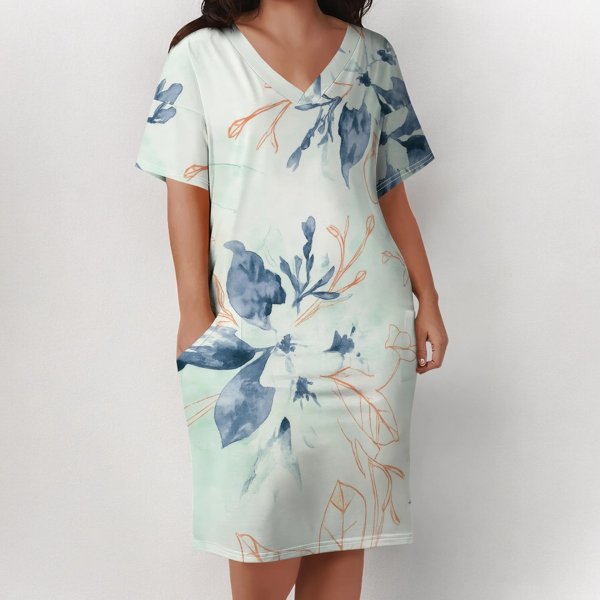 Plus Size Dresses for Curvy Women Oversize T Shirt Midi Dress Loose Short Sleeve V Neck Dress