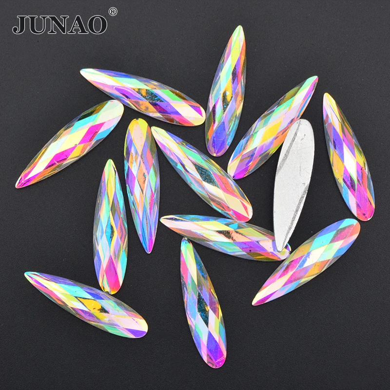 JUNAO 20Pcs 9*36mm Large Crystal AB Teardrop Rhinestone Flat Back Glue On Acrylic Strass Applique Non Hotfix Crystal Stones