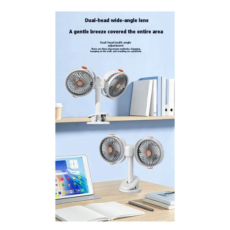 

WHYY-USB Mini Fan Dual Head Control Featuring Night Light Clip For Indoor And Outdoor Use In For Office Settings