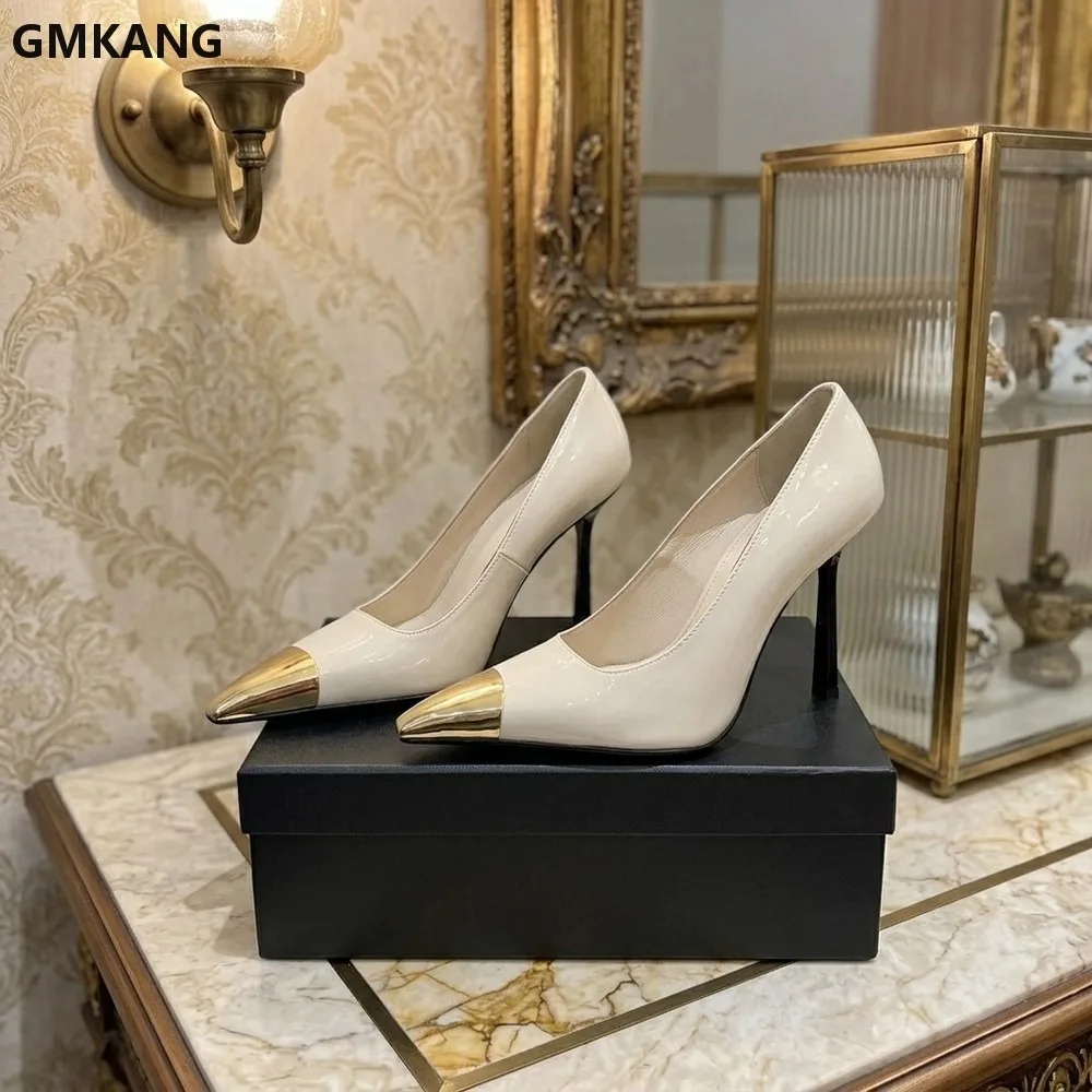 Women's Pointed Toe Low Heel Sandals, Metal Covered Open Toe Dress Shoes, Chunky Heel Comfortable Evening Party Pumps