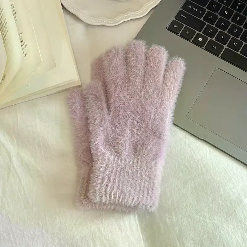 تقليد فرو المنك قفازات محبوكة شتاء دافئ سميكة المخملية خمسة أصابع قفازات النساء في الهواء الطلق الدراجات بلون القفازات