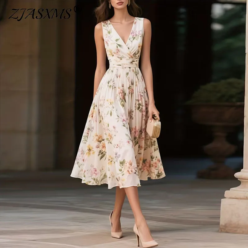Frühlingskleid mit Blumenmuster, hoher Taille und Falten, sexy V-Ausschnitt, A-Linie, fließendes langes Kleid, ärmelloses Boho-Urlaubskleid für den Sommer