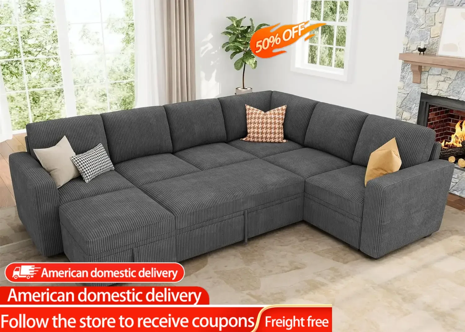 

Sectional Couch with Pull Out Bed, Corduroy Sleeper Sofa with Storage Seats Ottoman, U Shaped Sectional Couches for Living Room