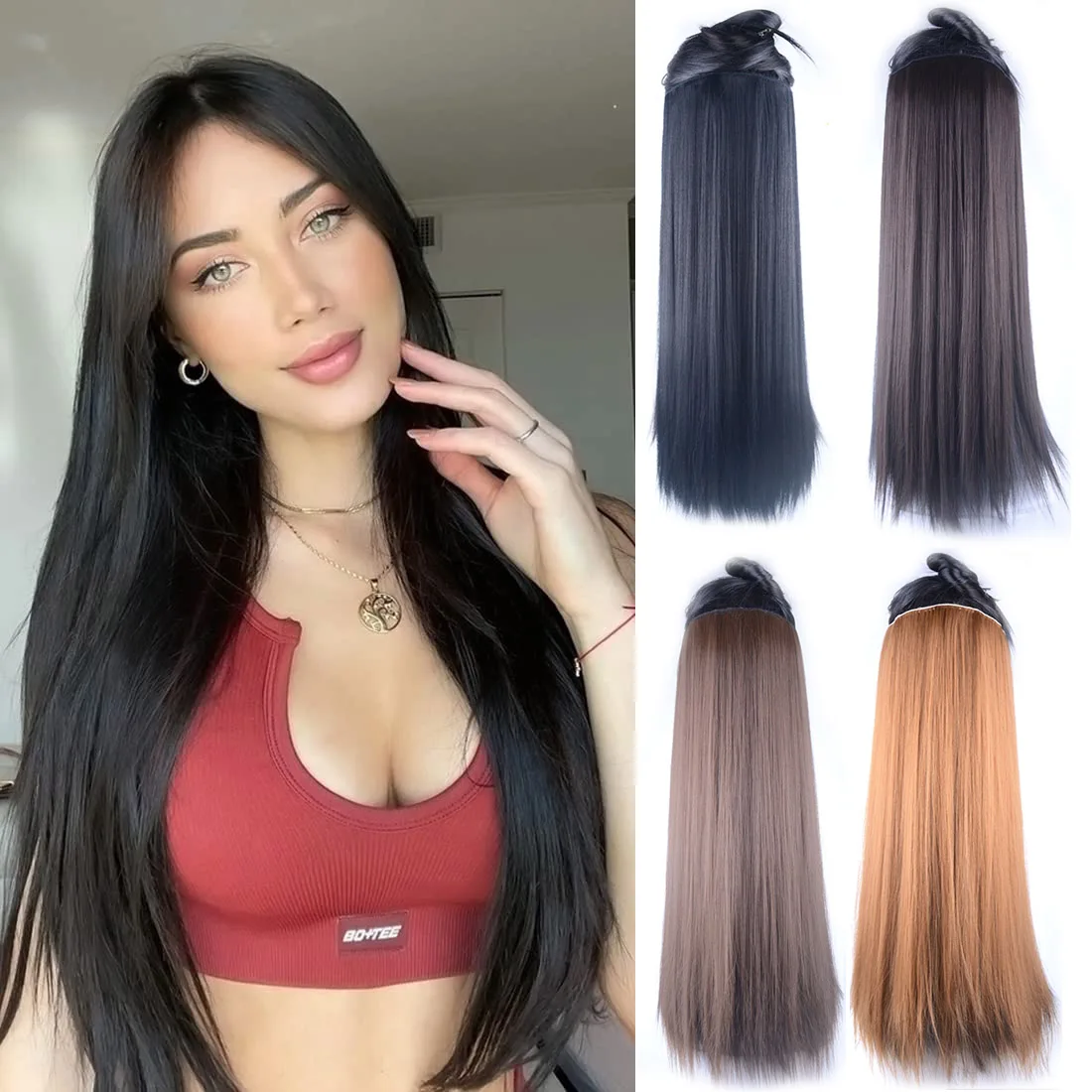 Synthetic Hairpieces Clip ins Hair Extension One Piece With 5Clips Long Straight Synthetic Black Brown Blonde Color