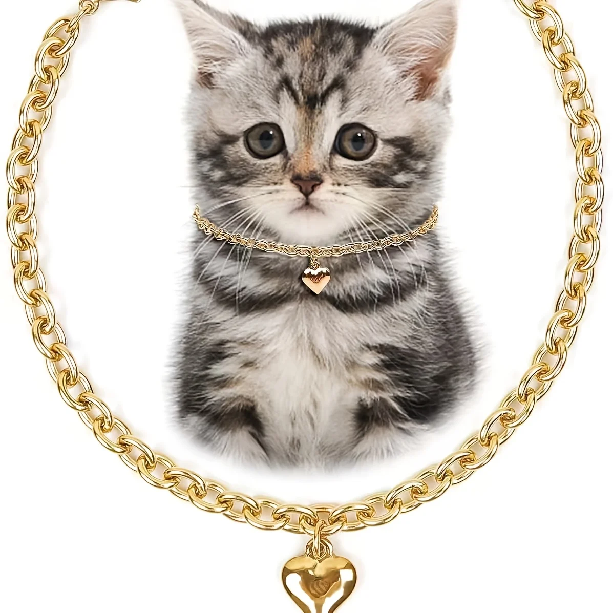 Waterproof Stainless Steel 18K Gold Heart-Shaped Dog Collar Cat Chain Necklace for Small Pets Cats Kitten Puppy 7inch