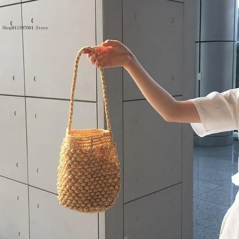 Summer Handmade Grass Woven Rattan Woven Grass Niche Seaside French Hand-Held One Shoulder Bucket Bag for Women