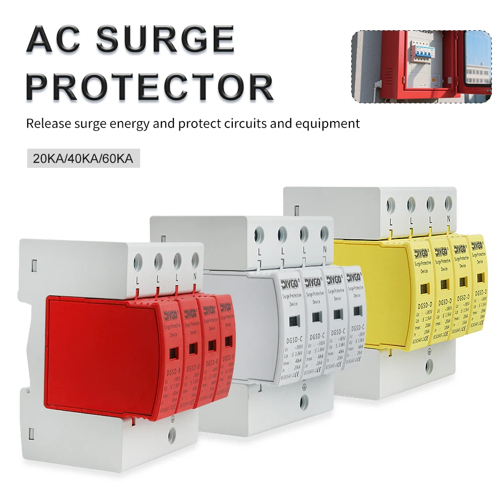 

3P+N AC SPD 20KA 40KA 60KA Protective Low-voltage Arrester Device 4P Din Rail Type House Surge Protector Lightning Protection