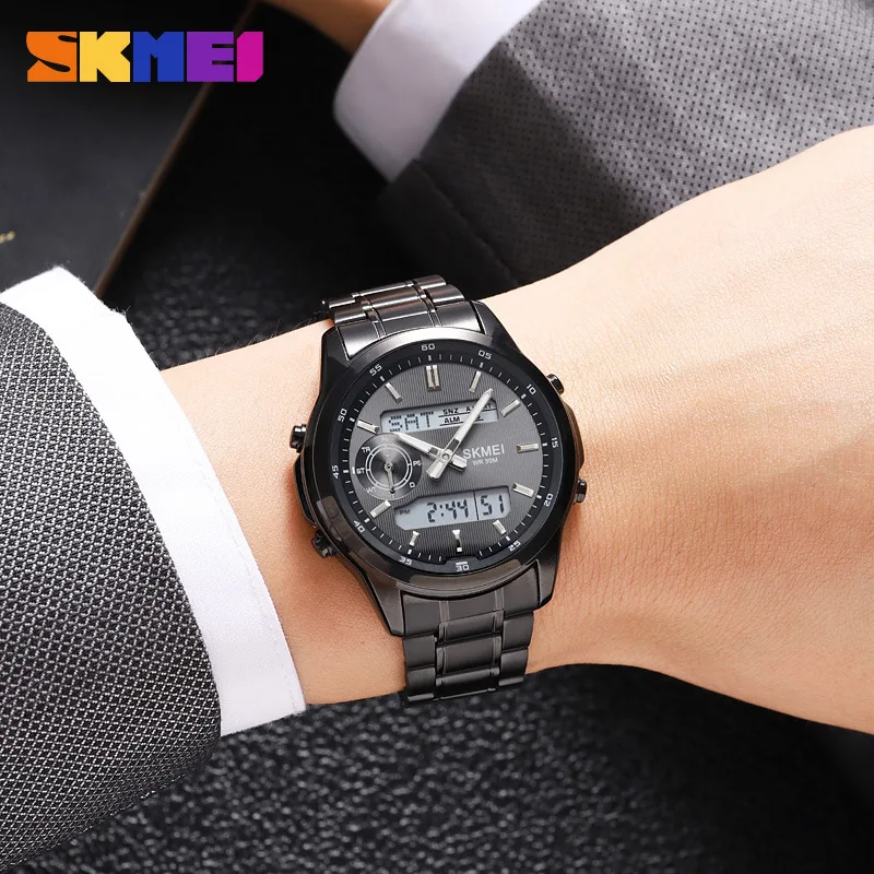 Skmei Double Display Men's Multi-Functional Steel Strap Casual Daylight Saving Time Waterproof Electronic Watch