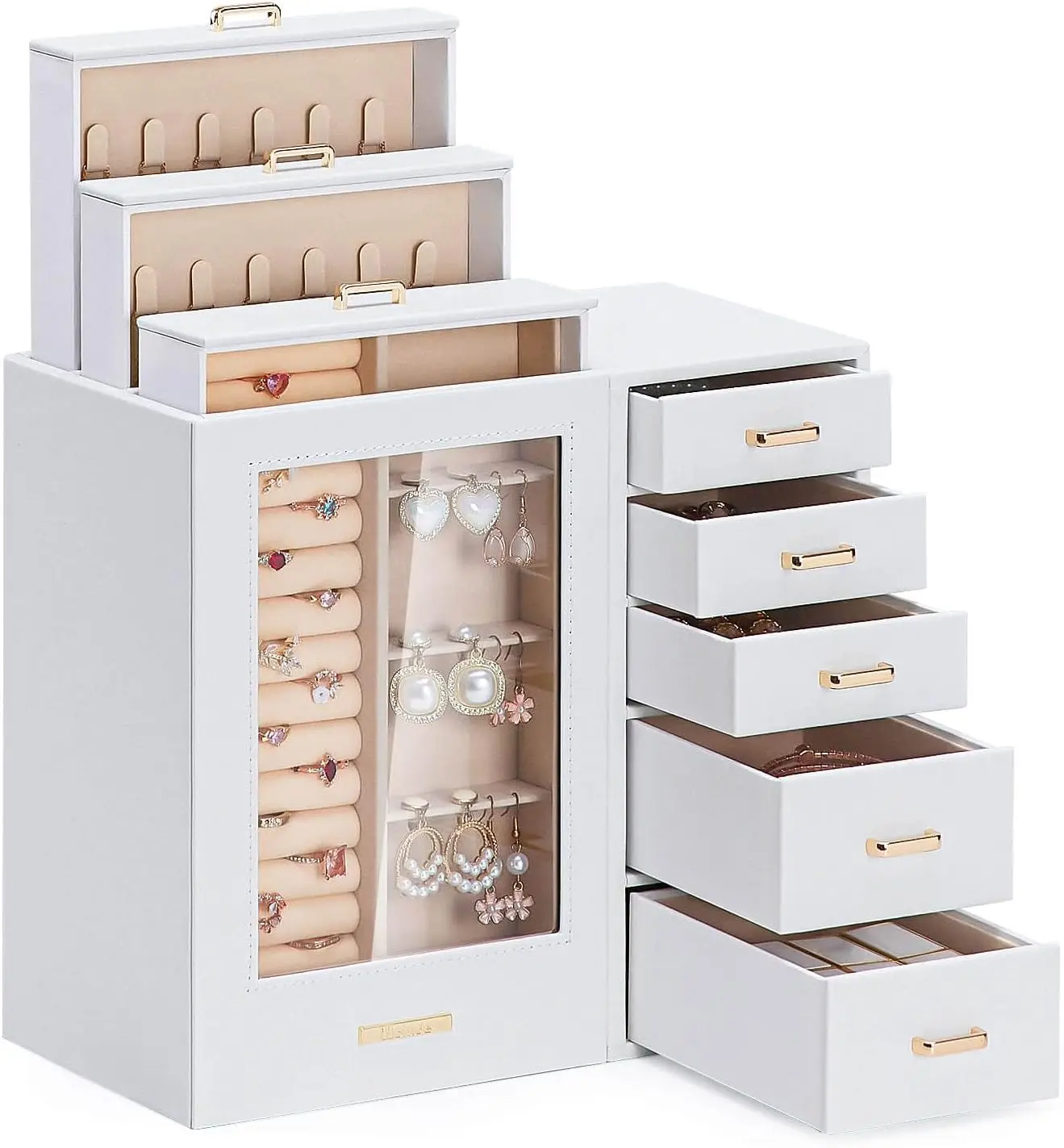 

Large Jewelry Box/Organizer/Case with Glass Window, Drawers for Necklaces Earrings Rings Bracelets Watches Gift