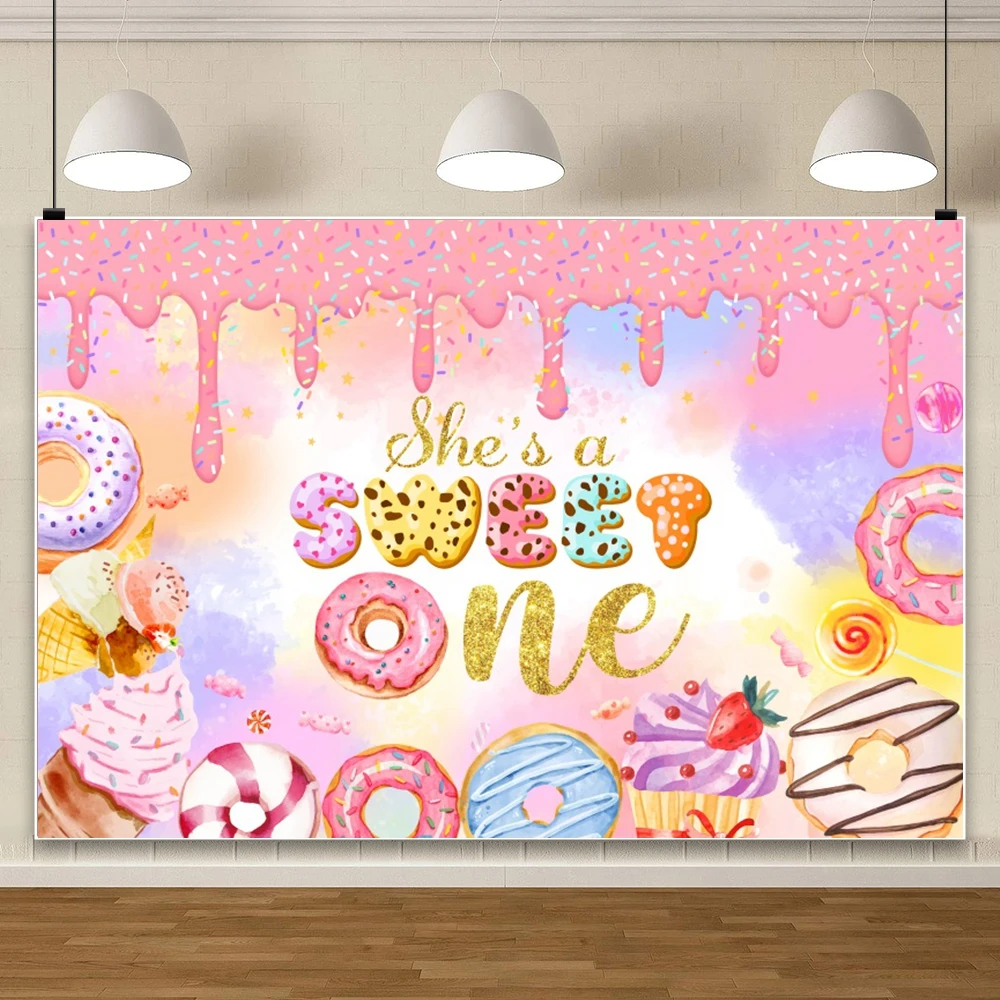 Sweet Candy Photography Backdrop Lollipop Donut Ice Cream Decor For Kids Birthday Party Sweet One Photo Booth Background Decor