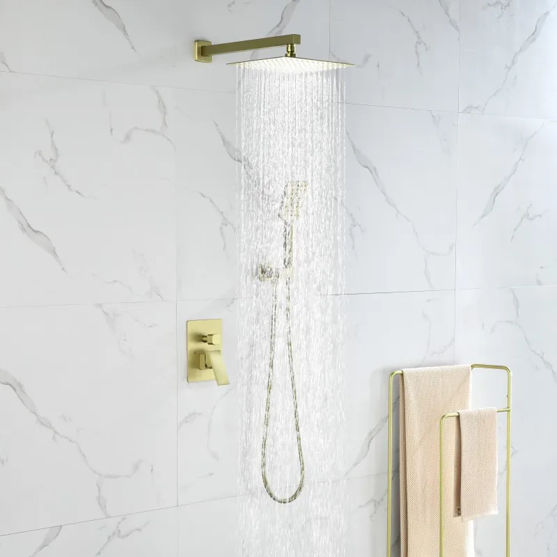 Luxury shower mixer set bathroom wall mount rainfall shower system brushed gold brass bath shower set