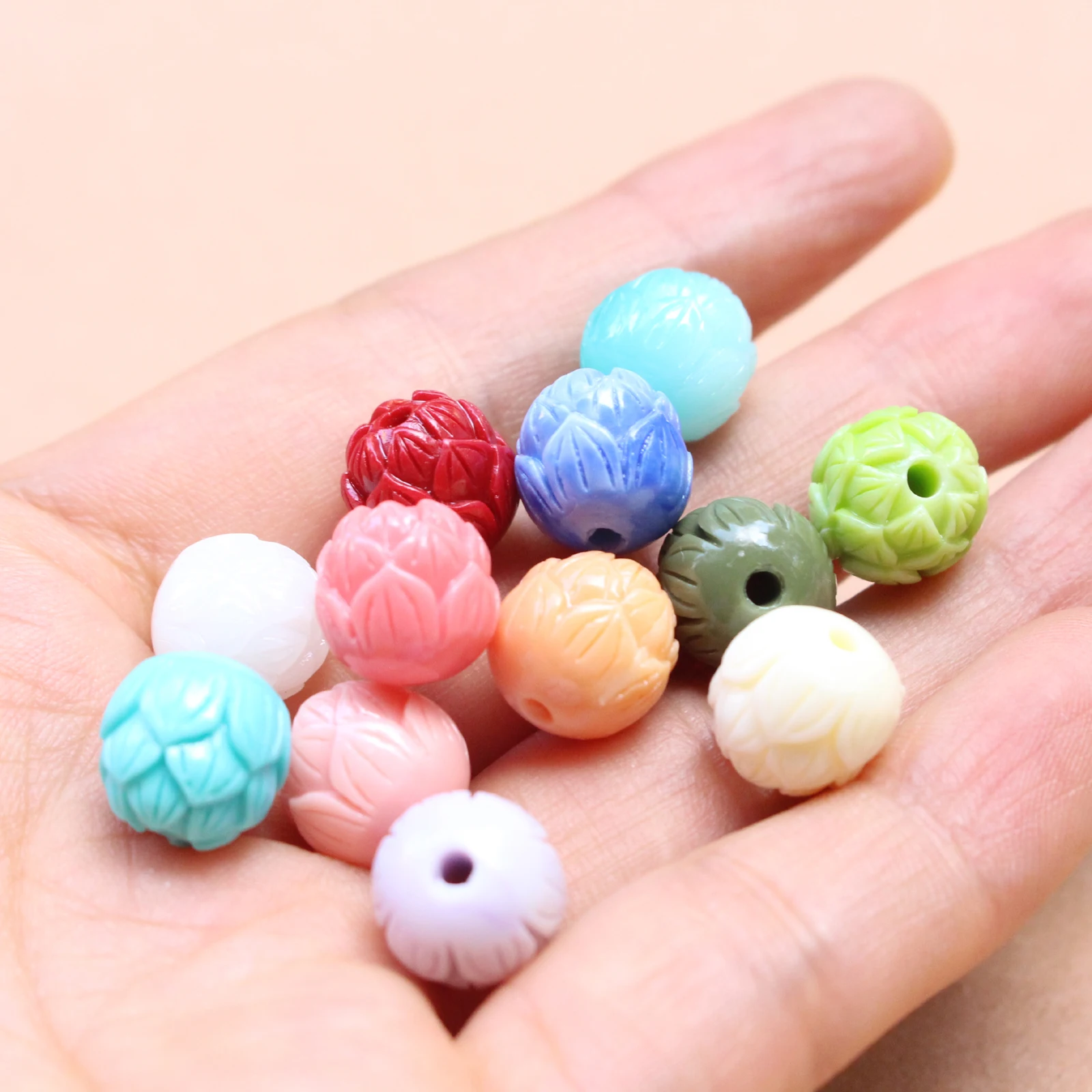 11mm Bead Carved Lotus Beads Artificial Coral Flower Pink Blue Purple for Jewelry Bracelet Necklace making DIY Craft Loose Beads