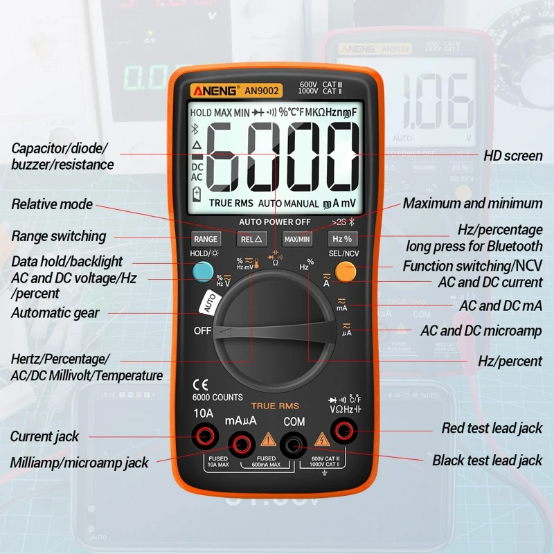 AN9002 True RMS cyfrowy profesjonalny 6000 liczy Multimetro AC/dla woltomierz DC z automatycznym zakresem M