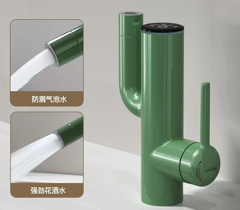 Bacia com display digital totalmente em cobre, torneira de gato da sorte rosa cinza, nova torneira rotativa para lavagem de rosto