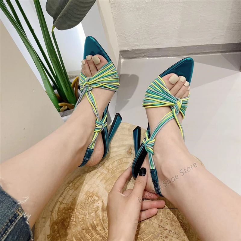 Sandalias tejidas de colores mezclados para mujer, tacones altos con correa cruzada, puntiagudos, Stilettos sexys, zapatos de fiesta de moda, verano, nuevo