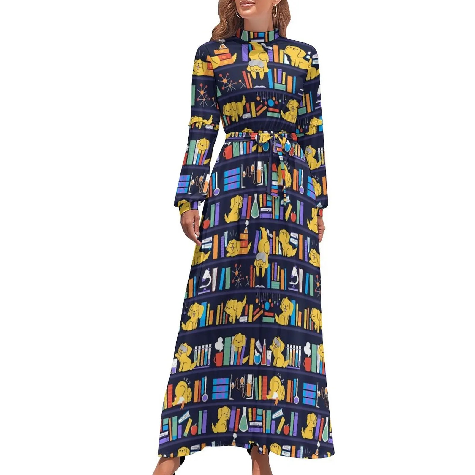 Chemistry Library Dress High Waist Books Print Custom Beach Dresses Long Sleeve Aesthetic Long Maxi Dress Party Clothing