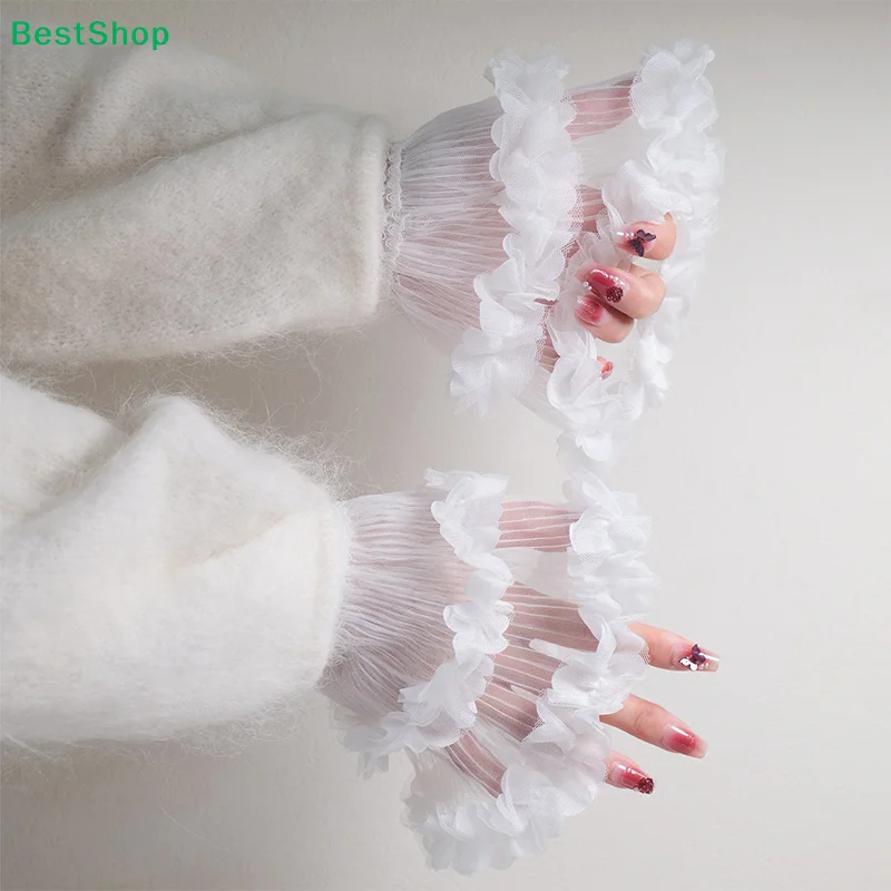 〔R〕Floral Ruffle Cuffs - Double Layer Sheer Fake Sleeves for Nail Art Photography & Daily Wear