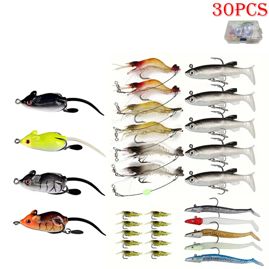 30pcs/Box Jig Head Lures Shrimp Soft Frog Swimbait Fishing Lure Set Artificial Bait Kit Wobbler For Bass Walleye Trout Carp Pike