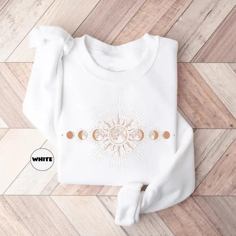 천상의 스웨트셔츠, 달의 위상 스웨트셔츠, 신비로운 태양과 달 스웨터, 보헤미안 달 천문학 의상, 영적 달 여성복