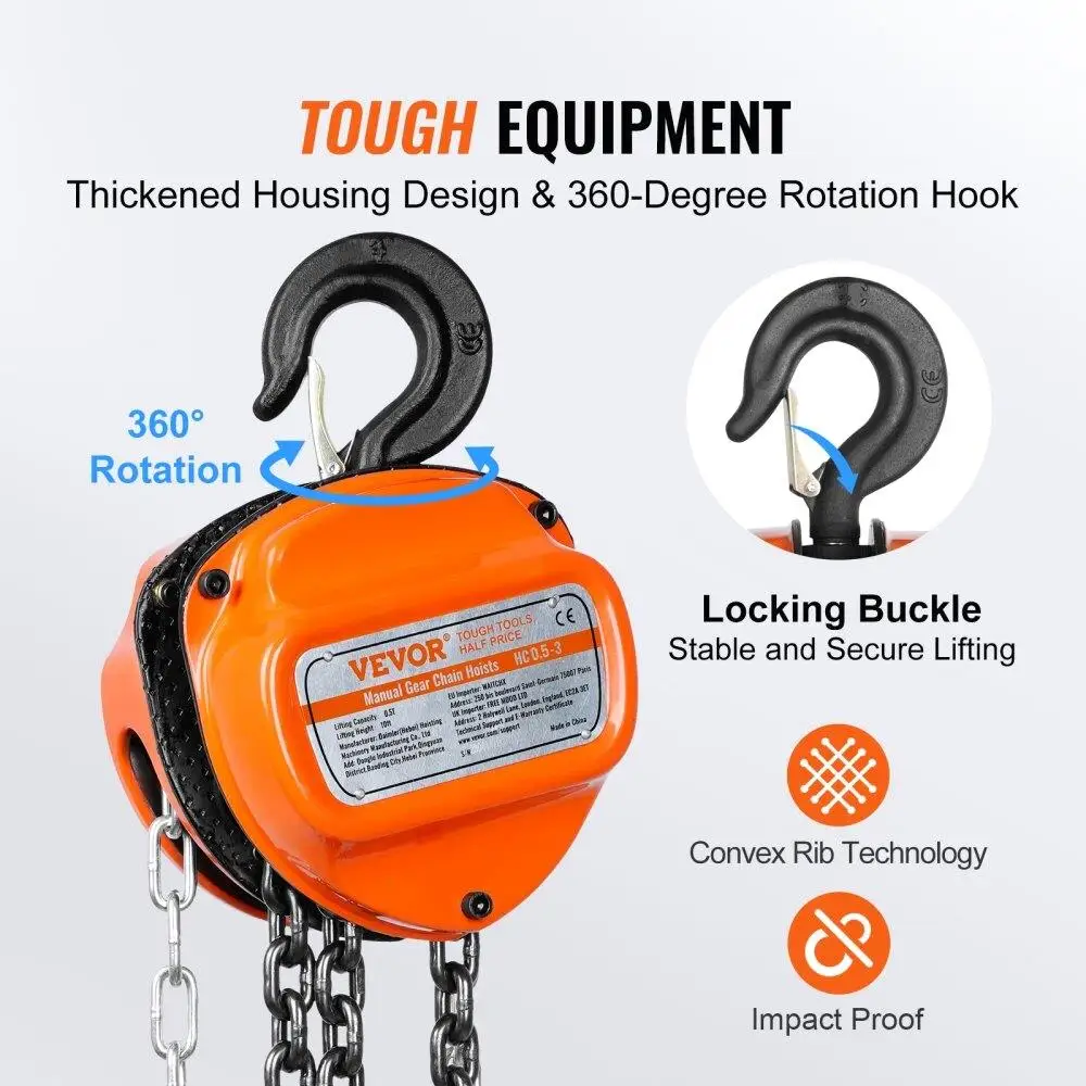 1/2 Ton Hand Chain Hoist 1100 LBS Capacity - 10 FT G80 Galvanized Steel, Double-Pawl Brake, 360° Hook for garage & Factory Use