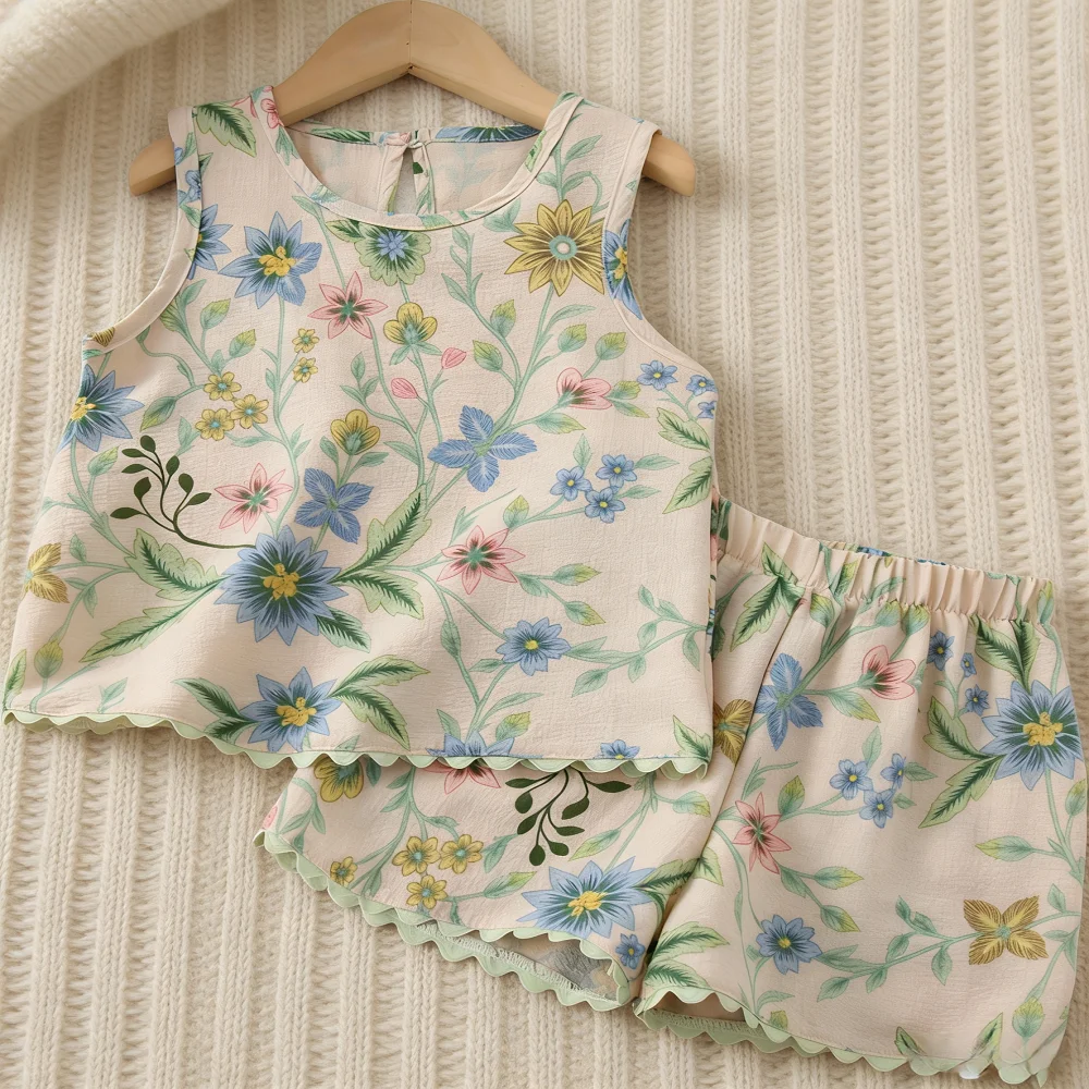 Girls Casual Set 2026 Summer Retro Print Tank Top + Lace Shorts sets Children's Clothes