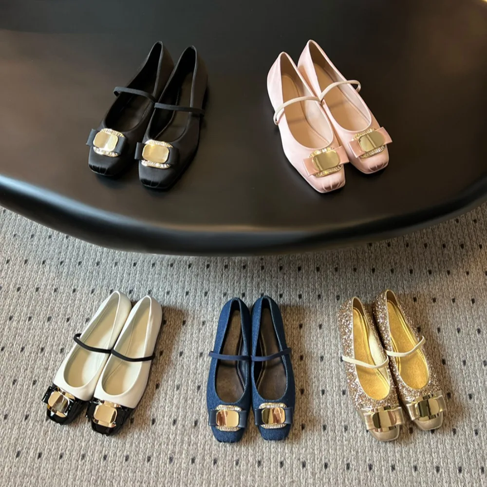 

NIGO Spring And Summer Metal Bow Flat Mary Jane Shoes Women Silk Pleated Square Head Ballet Shoes Single Shoes #NGSH1533