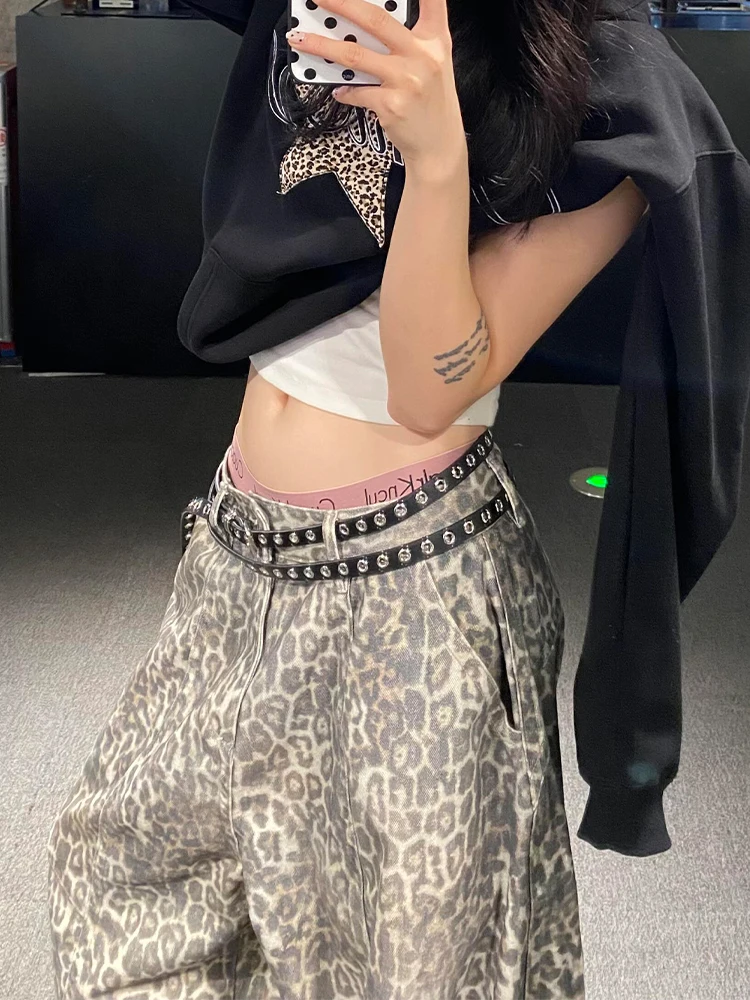American Lazy Sle Small Size Leopard Print High Waist Wide Leg Jeans Women's Autumn Winter New Retro Loose Fit Trousers