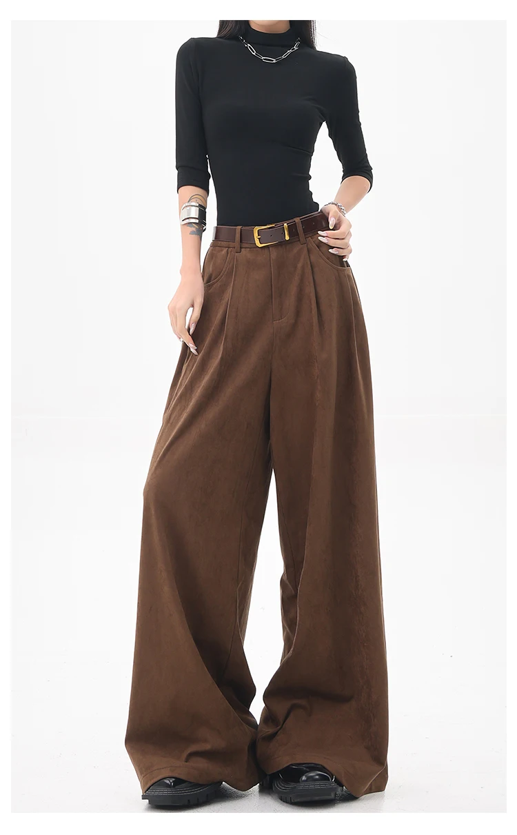 

Spring and Autumn New Women's Pants, Brown Suede Wide Leg Suit Pants, High Waisted Loose Casual Pants