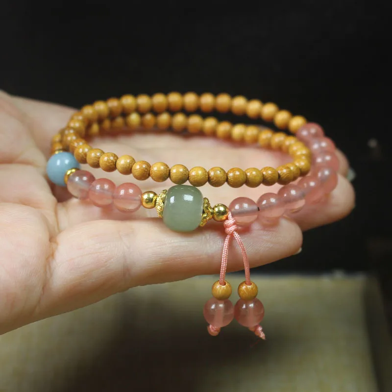

Sandalwood Double Ring Bracelet 4mm Buddha Beads, Watermelon Crystal Men's and Women's Lucky Jewelry, Fashion Jewelry