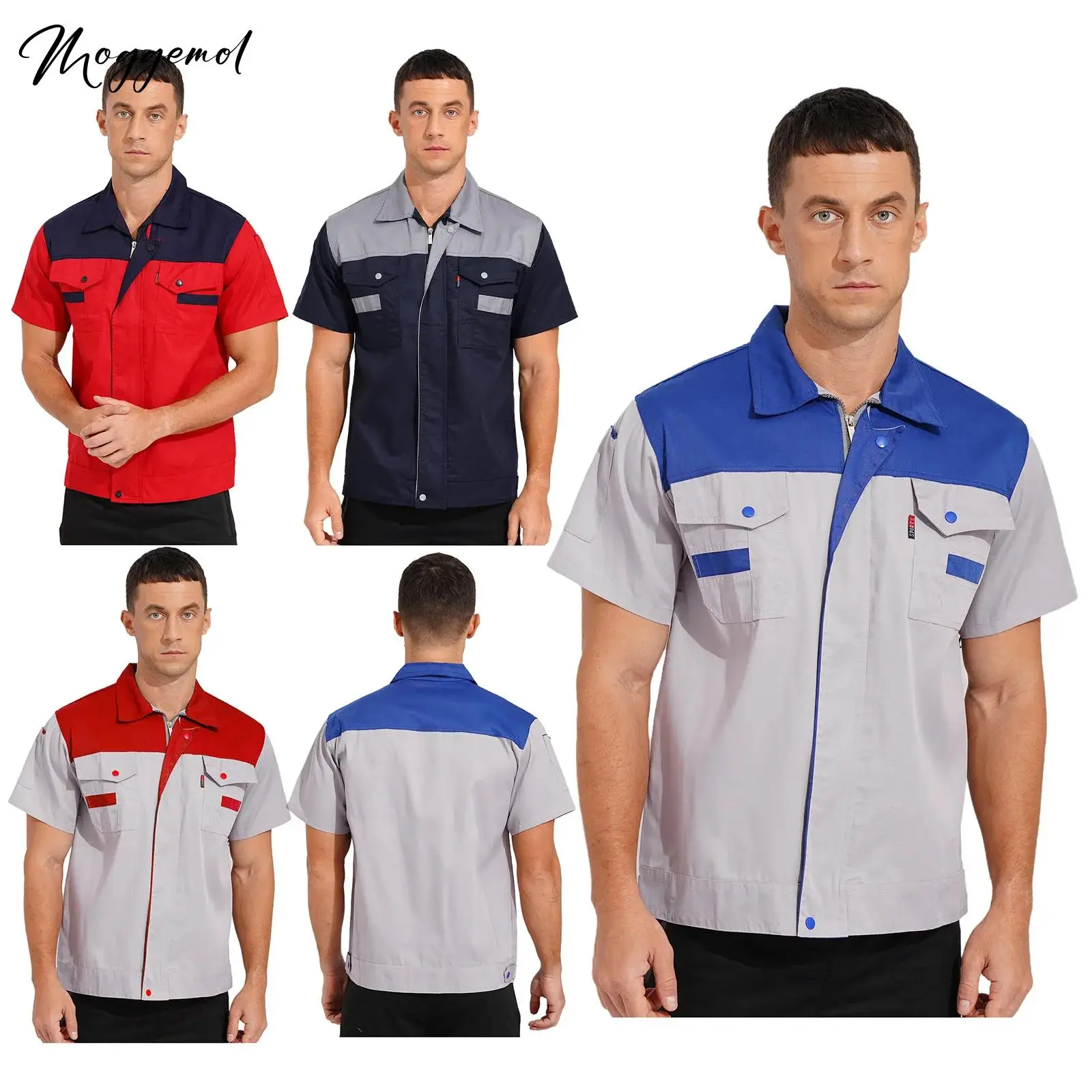 Mens Mechanical Work Uniform Jacket Coats Short Sleeve Zipper Work Shirt Front Zipper Tops Factory Workers Costume with Pocket