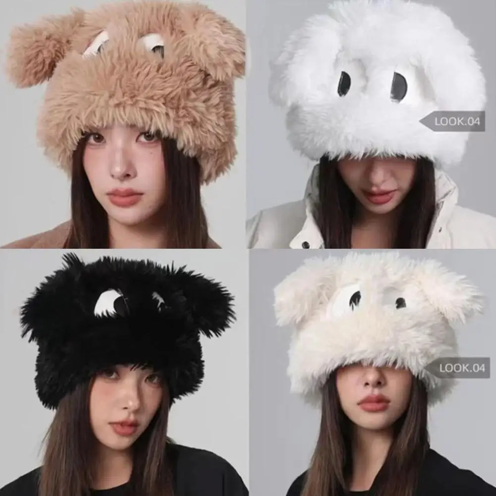 Kawaii Big Eyes Puppy Baotou Hat Women's Winter Warm Bucket Windproof Panama Hat Ears Warm Cap Plush Y2K Thickened R2S5