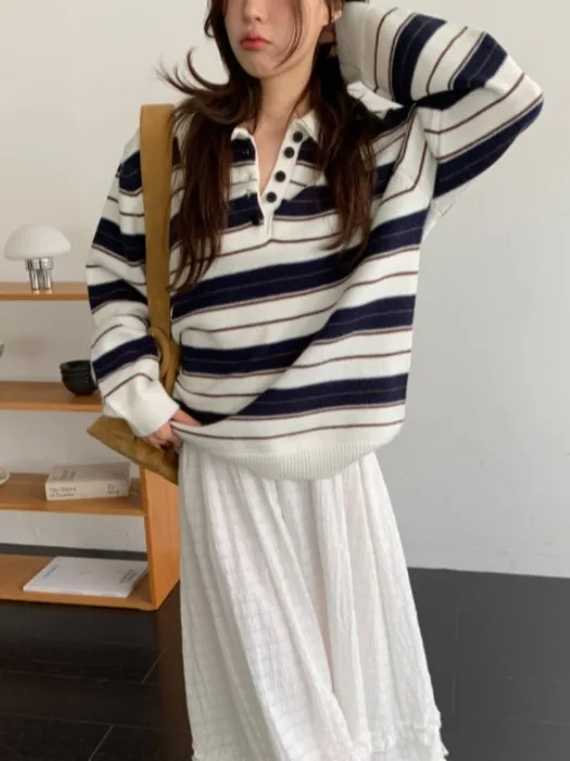 Sweater Rajut Wanita Model Longgar Motif Garis Tebal untuk Musim Gugur dan Musim Dingin, Desain Overhead, Gaya Kasual, Pakaian Rajut Modis