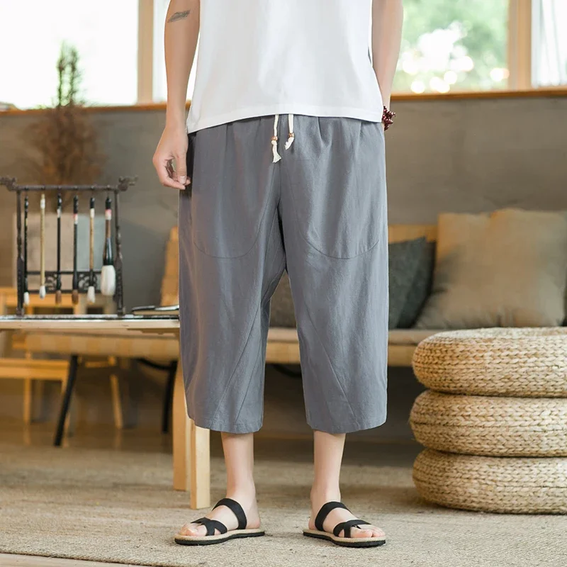 Chinese Style Summer Men Linen Pants 2024 Men Wide Leg Trousers Male Drop Crotch HipHop Man Joggers Calf-Length Pants Track Pant