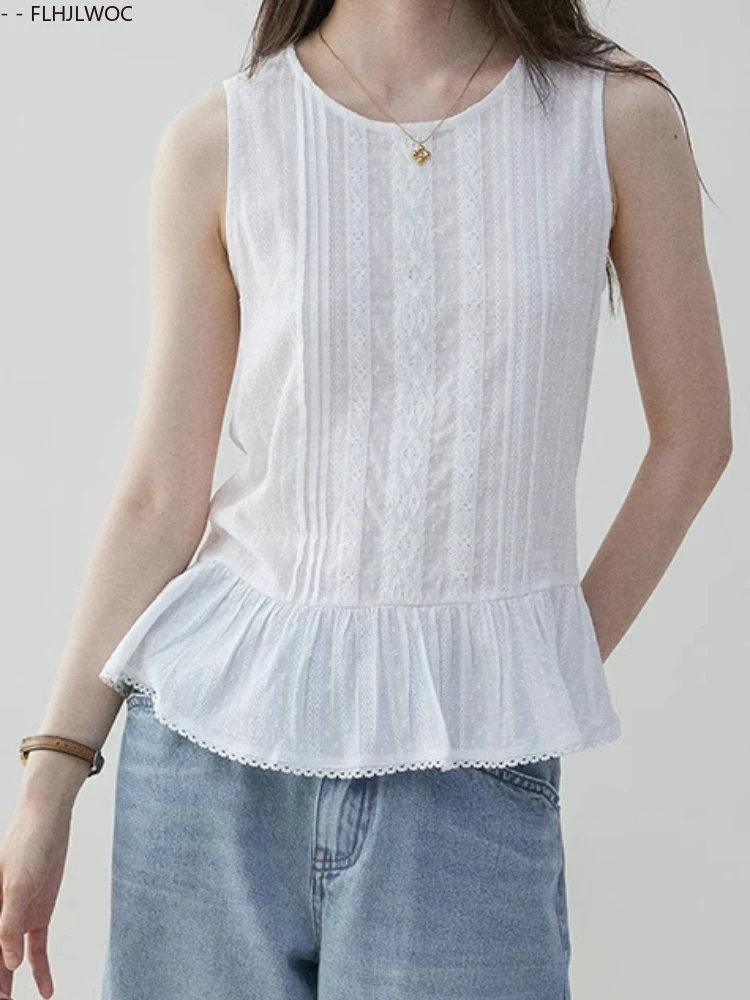 면 혼방 탑 블라우스 귀엽고 달콤한 여성용 2025 여름 민소매 셔츠 화이트 레이스 러플 페플럼 탱크탑