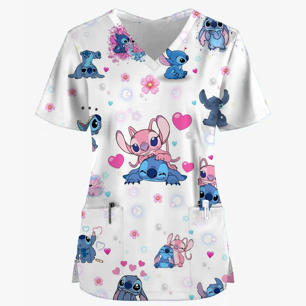 

y2k top Uniform omen's Disney Clothing Cartoon Stitch Print Nurse Work Shirt Pocket Gown Christma Healthcare Nurse Scrubs Top