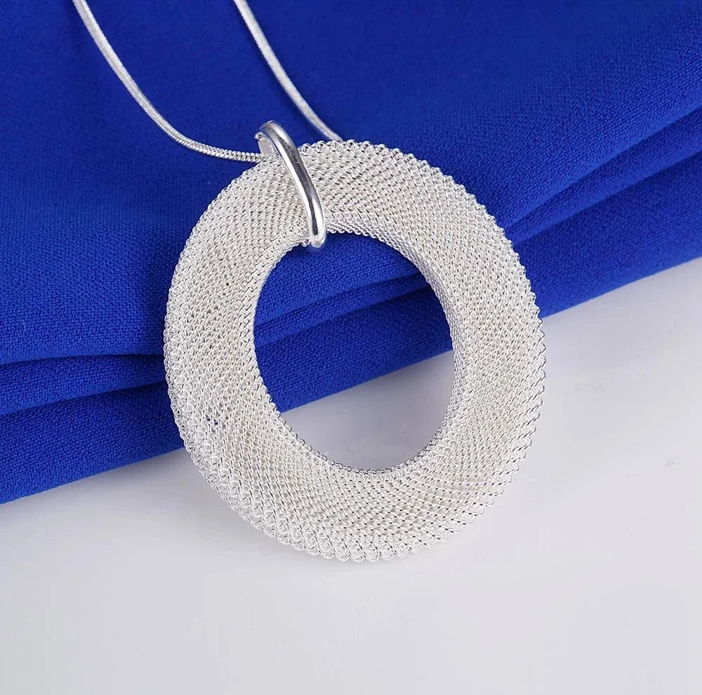 Retro 925 Sterling Silver Woven Mesh pendant necklace earrings bangle rings jewelry set for women fashion Hip-hop accessories view 2
