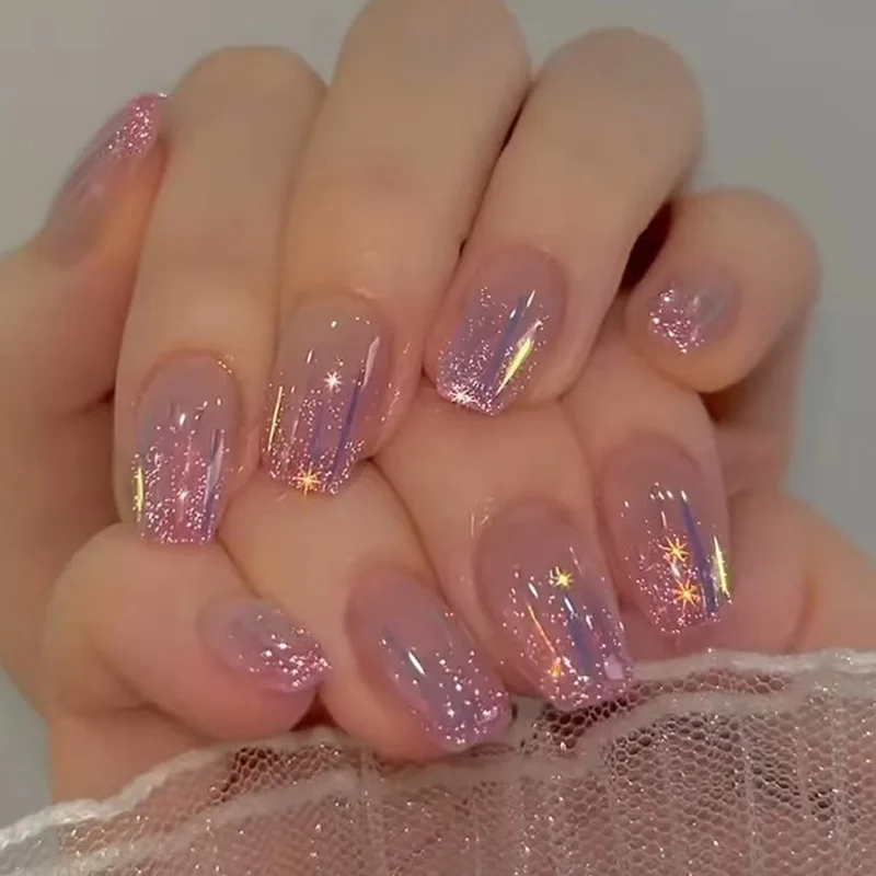 24 pçs glitter unhas falsas com pó brilhante design gradiente rosa unhas falsas de comprimento médio ballet imprensa em unhas wearable