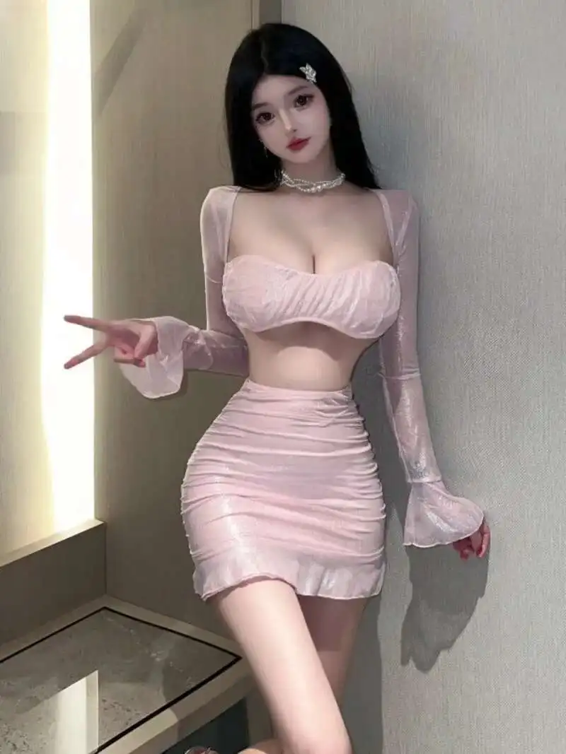 WOMENGAGA 기술 천 핑크 미니 드레스 핑크 밝은 얇은 투명 섹시한 매운 소녀 짧은 탑 여성 드레스 우아한 B8XC