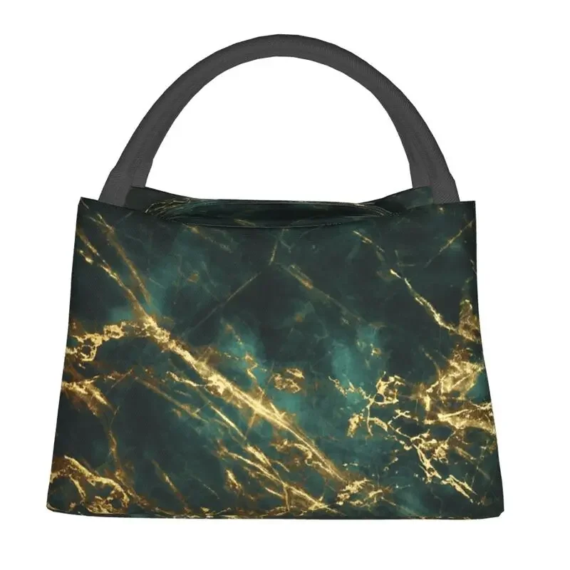 Velvet Green Marble With Ornate Thermal Insulated Lunch Bags Women Gold Veins Portable Lunch Container Meal Food Box