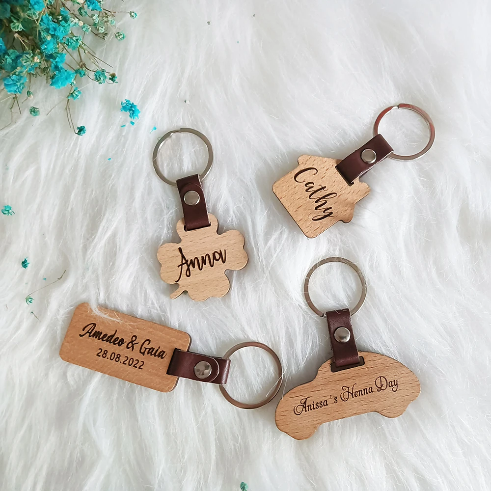 Personalized Leather Buckle Wooden Key Chain, Custom Souvenir,Wedding Memorial Gift, Birthday Party, Company Annual Meeting Gift