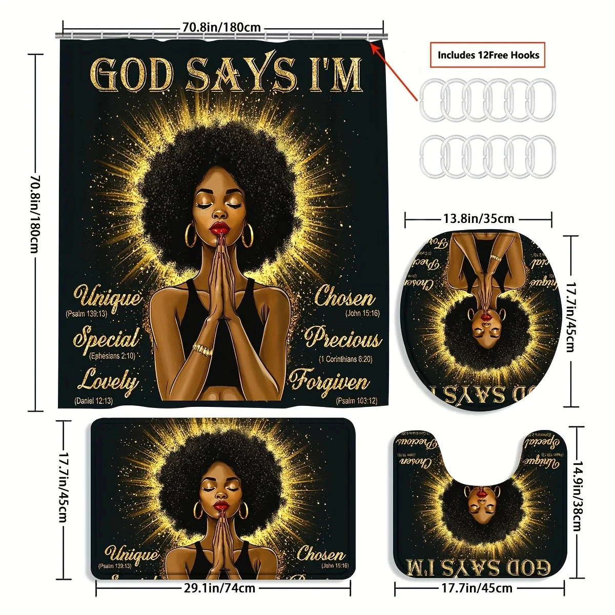 African Girl Prayer 4-Piece Bathroom Set | Shower Curtain,Anti-Slip Mat, Toilet Seat Cover, U-Shaped Mat, Modern Christian Decor