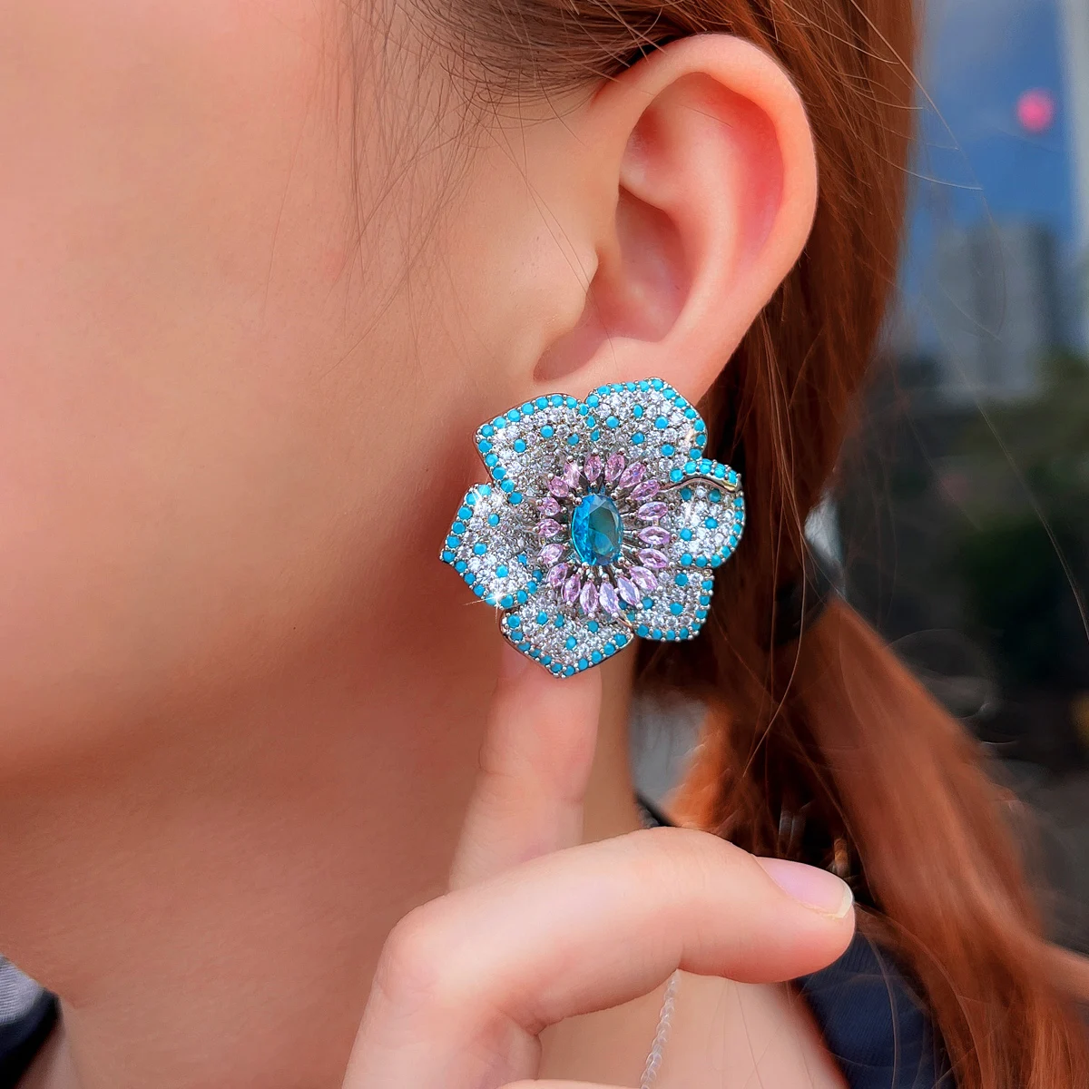 ThreeGraces Delicate Shiny Light Blue Zirconia and Turquoise Stone Bridal Wedding Party Big Flower Stud Earrings for Women E1032