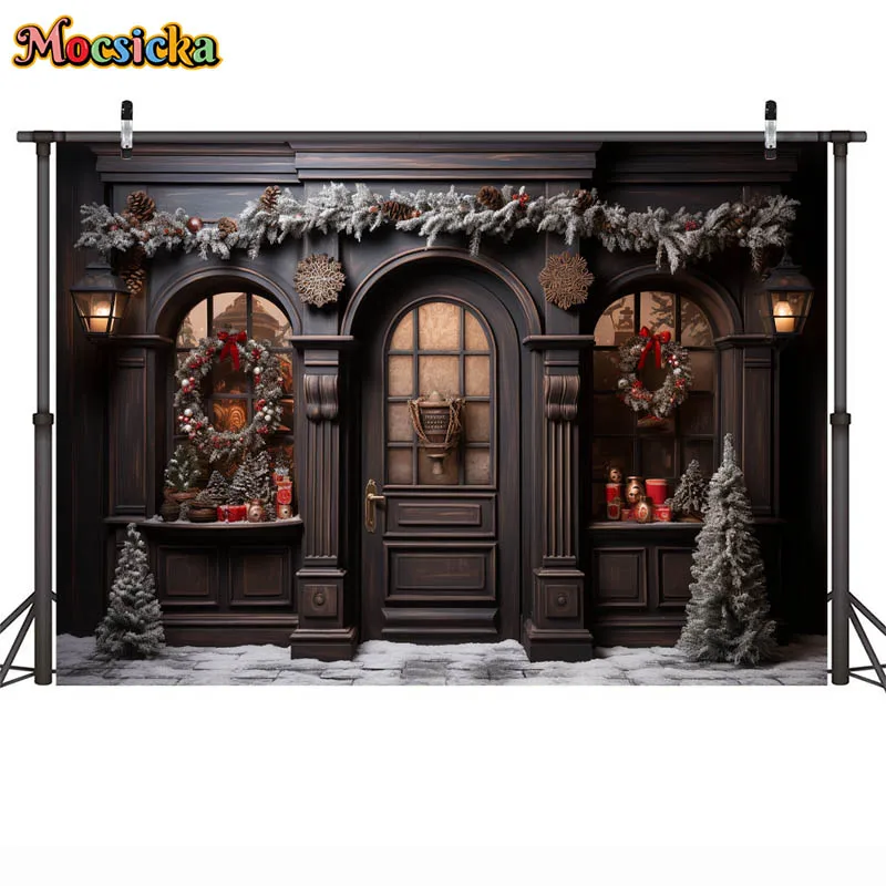 Christmas Store Old Street Backdrop for Photography Winter Snow Xmas Tree Wreath Decoration Kids Adult Portrait Photo Background